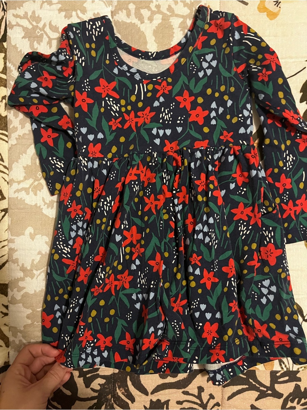 Hanna Andersson Navy Floral Long-Sleeve Dress with Flowers and Pockets EUC